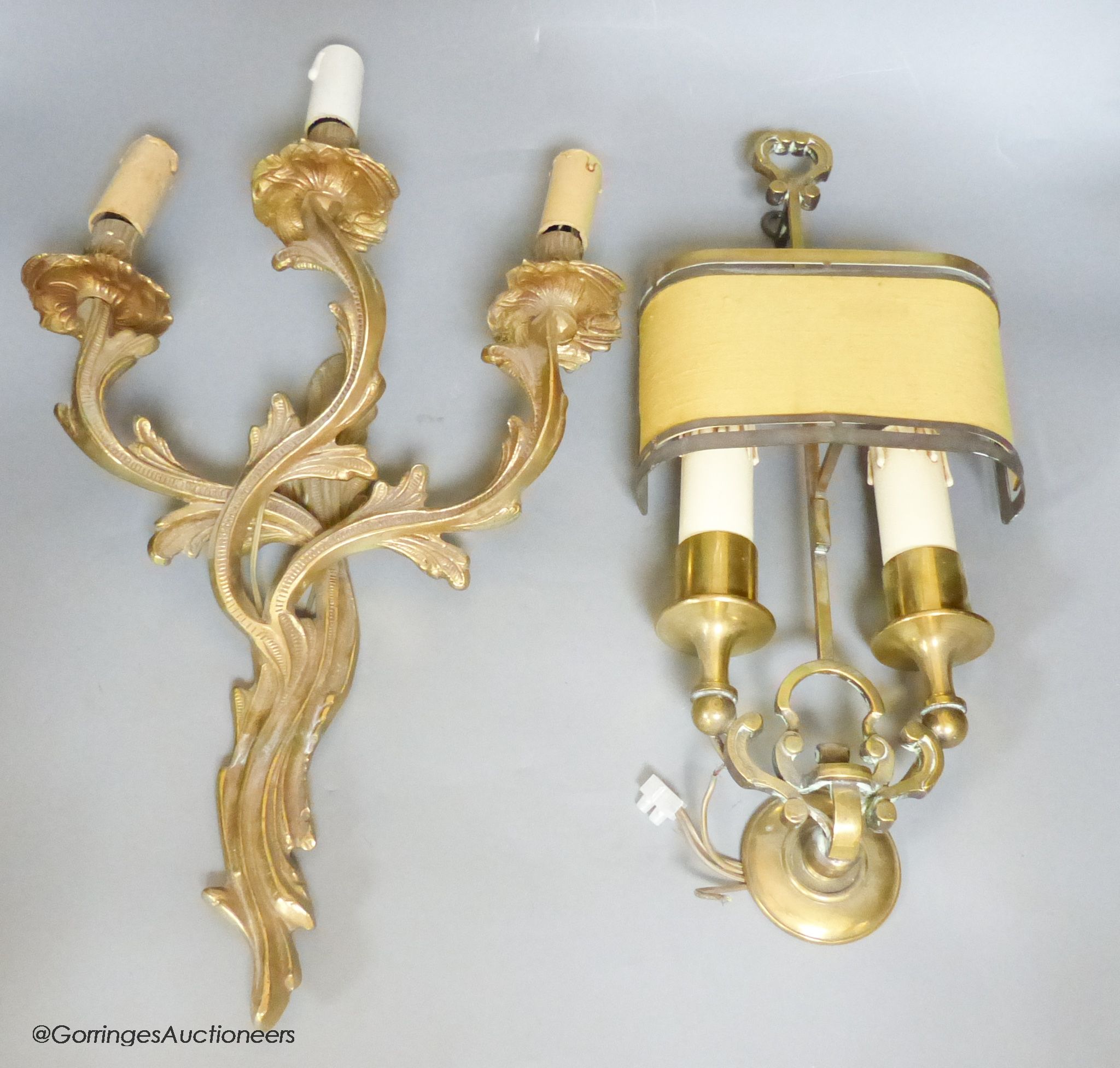 An brass twin sconce wall light and one other